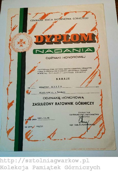 Edward Kuzio - Dyplom Nadania Odznaki Honorowej Zasłużony Ratownik Górniczy - 1991