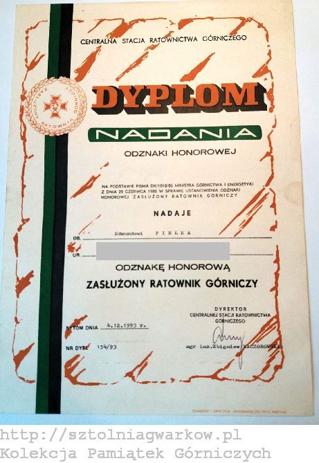 Edmunt Piełka - Dyplom nadania odznaki honorowej Zasłużony Ratownik Górniczy 1993